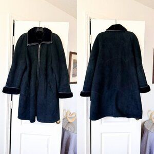 Delino Vintage Shearling Suede Coat Black Sheepskin Leather Zipper Small GUC